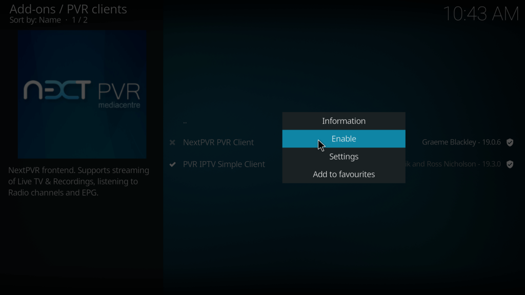Enable NextPVR addon on Kodi 