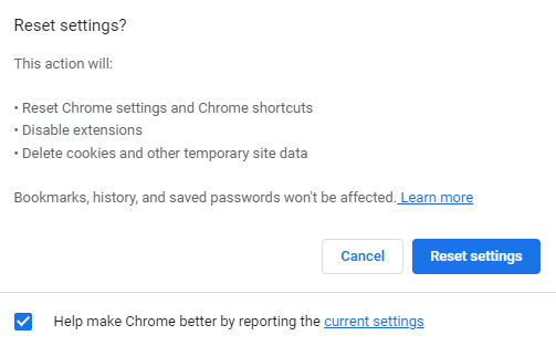click reset settings to Remove Malware from Chrome