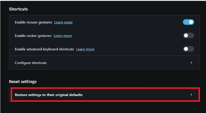 Restore settings to their original defaults