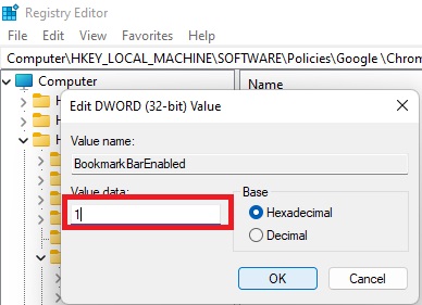 Type 1 in value data field to show Bookmarks Bar in Chrome