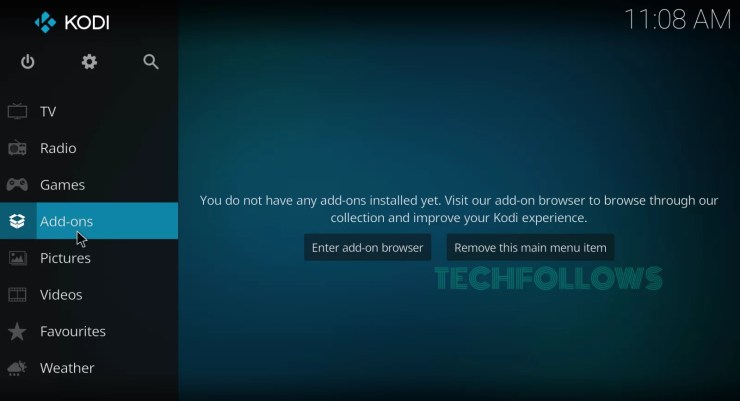 Select Addons from the Kodi home screen.