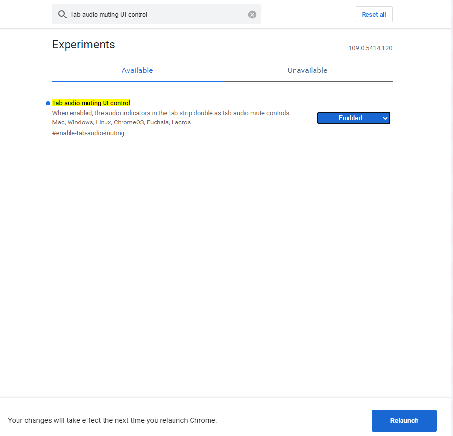 Relaunch Chrome to mute tab on Chrome