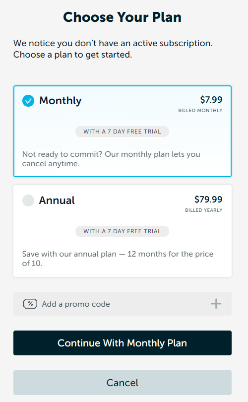 Select the BritBox Subscription plan