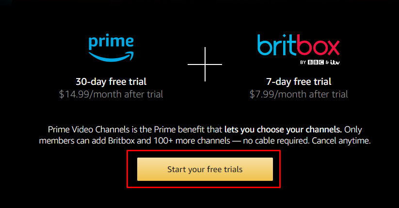 Click Start Your free trials to get britbox free trial