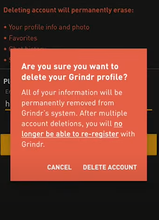 Click Delete account to remove your Grindr account 