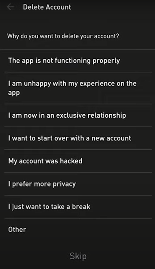 Select a reason for deleting Grindr account