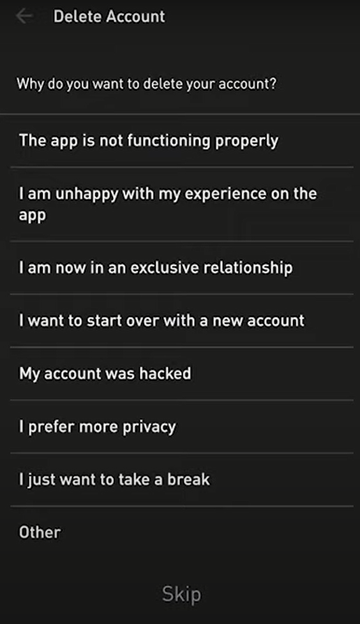 Select a reason for deleting Grindr account 