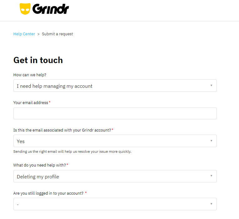 Grindr contact page