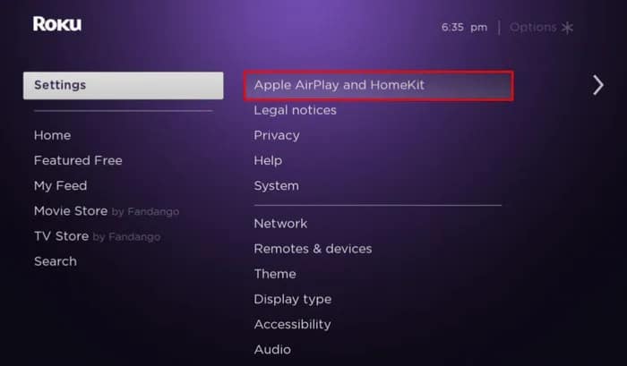 Navigate to Apple AirPlay and Homekit