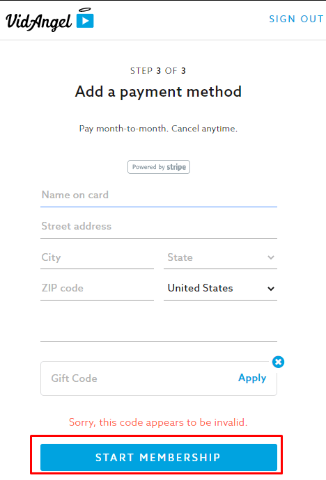 Enter the payment method to get VidAngel free trial