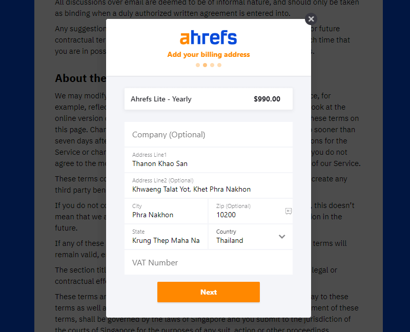 Enter your details and click on Next to get the Ahrefs free trial
