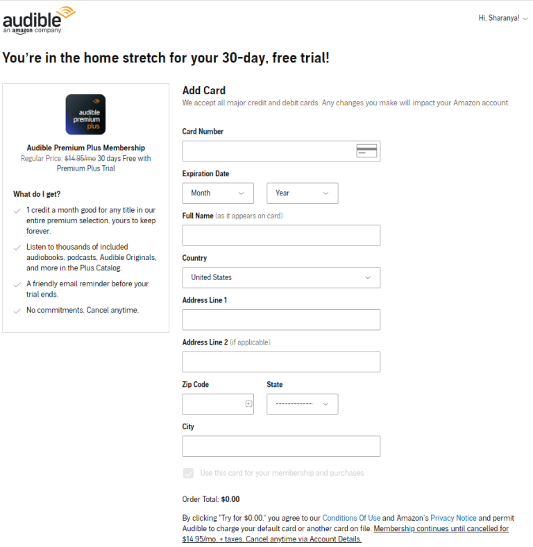 Audible Free Trial- Enter the card details