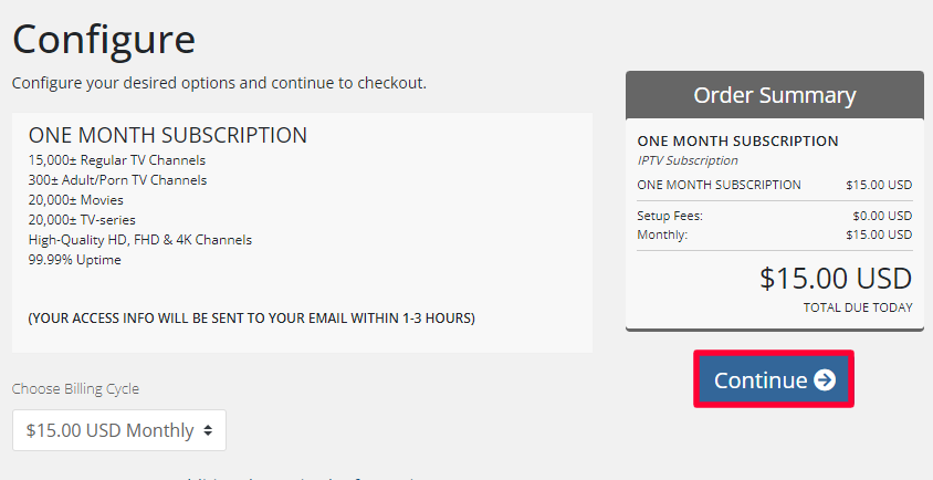 Configure your subscription and click on the Continue button