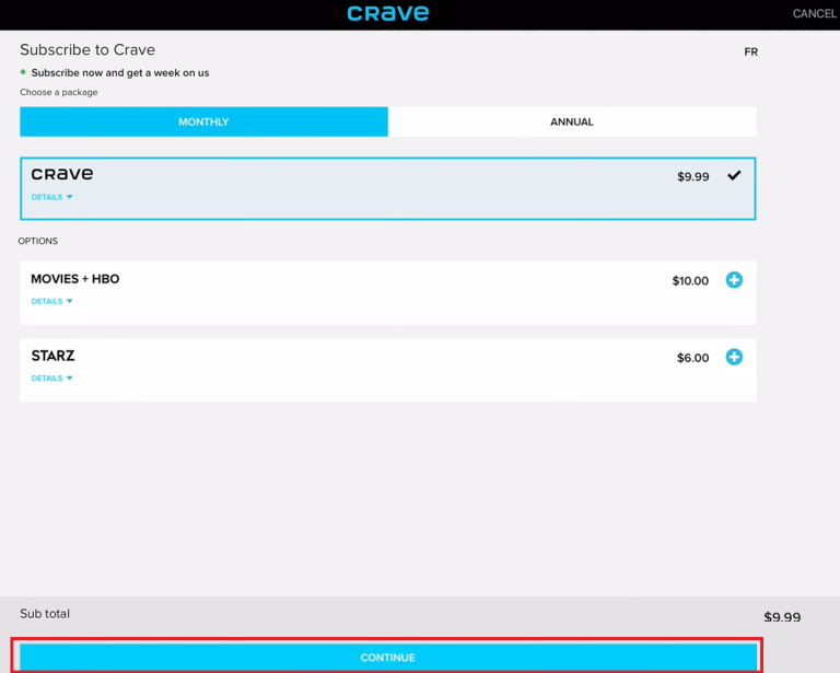 Select the plan to get Crave Free Trial