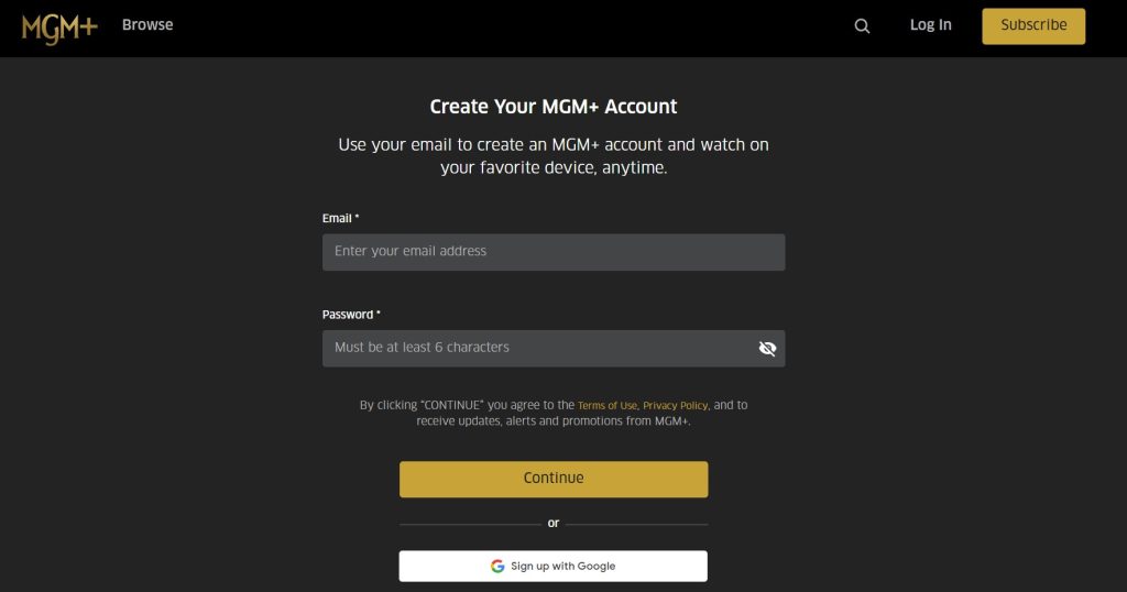 Create MGM Plus account 
