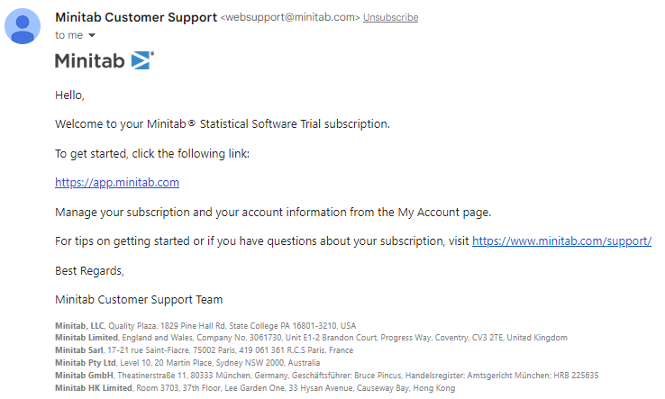 The mail from Minitab customer support