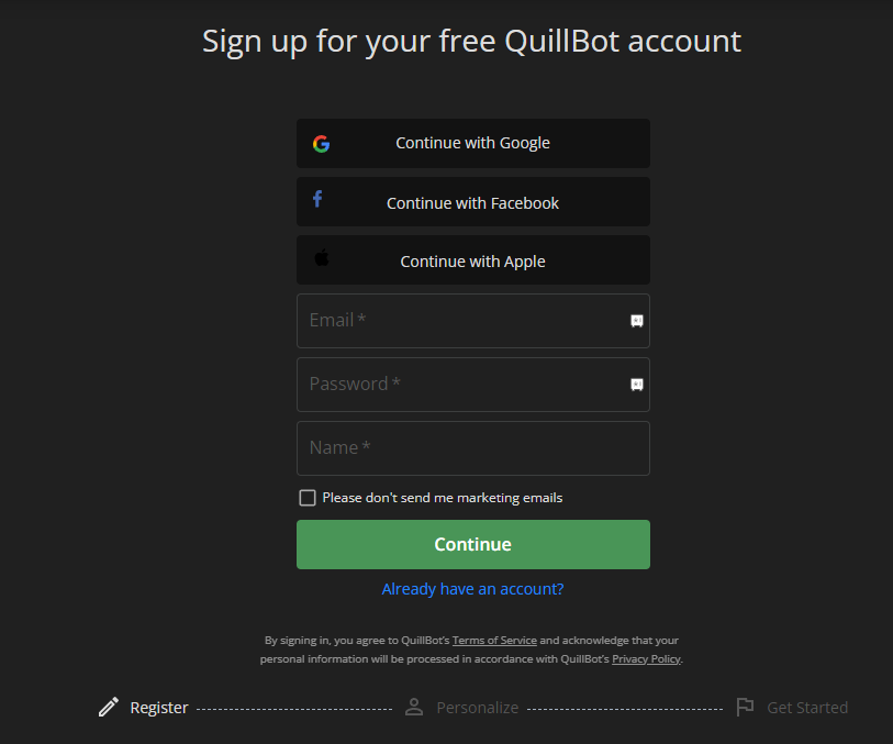 Sign up for a free QuillBot account