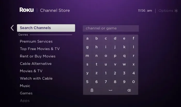 Click the Search Channels on Roku