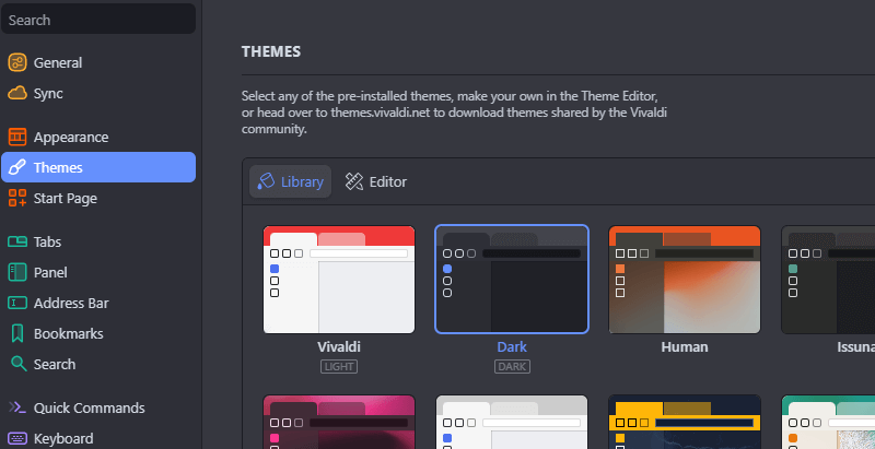 Choose Dark to Enable Dark Mode on Vivaldi Browser