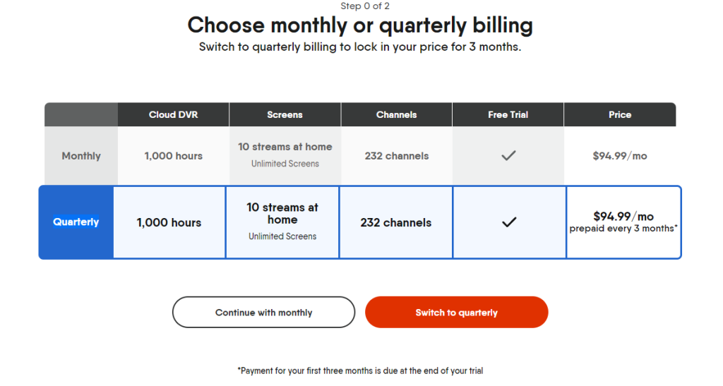 Choose the fuboTV monthly or quarterly