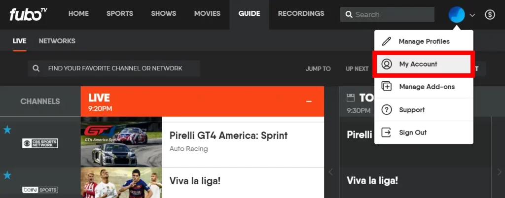 fuboTV Free Trial- Click the My Account