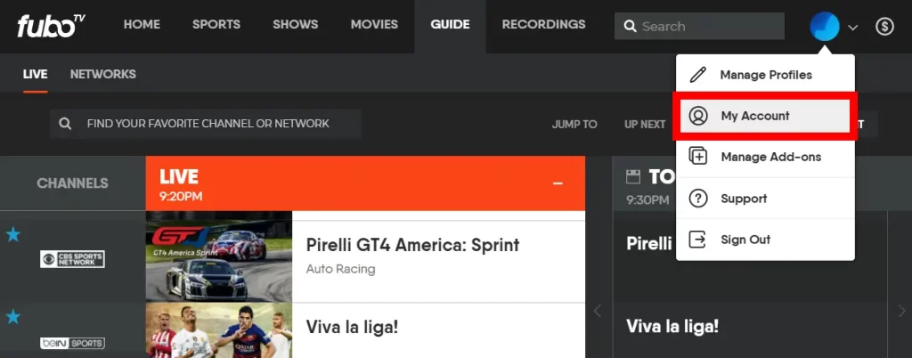  fuboTV Free Trial- Click the My Account