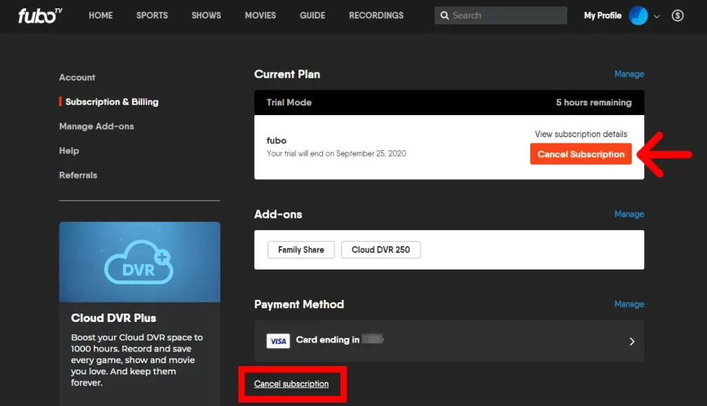 fuboTV Free Trial- Select Cancel Subscription