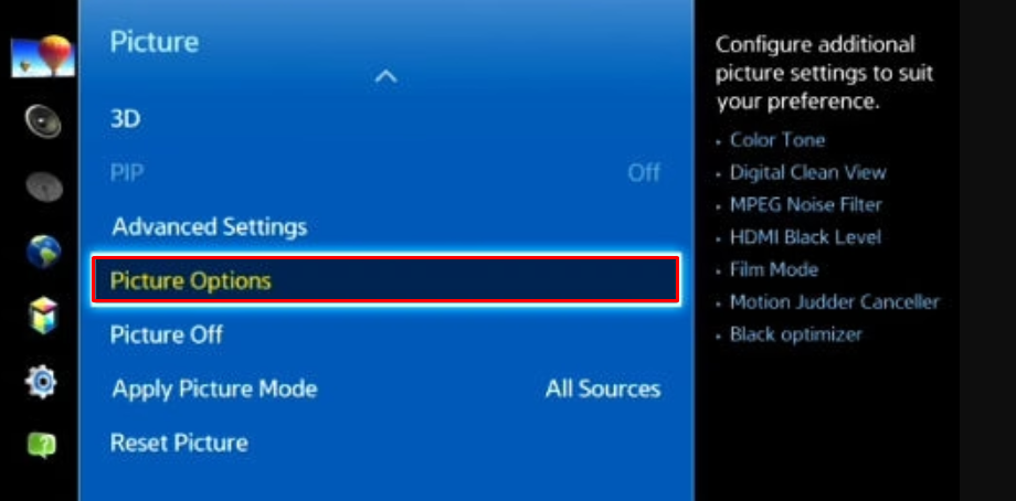 Select the Picture Options to enable Filmmaker mode on Samsung TV 