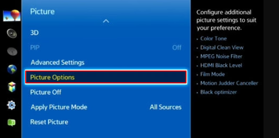 Select the Picture Options to enable Filmmaker mode on Samsung TV