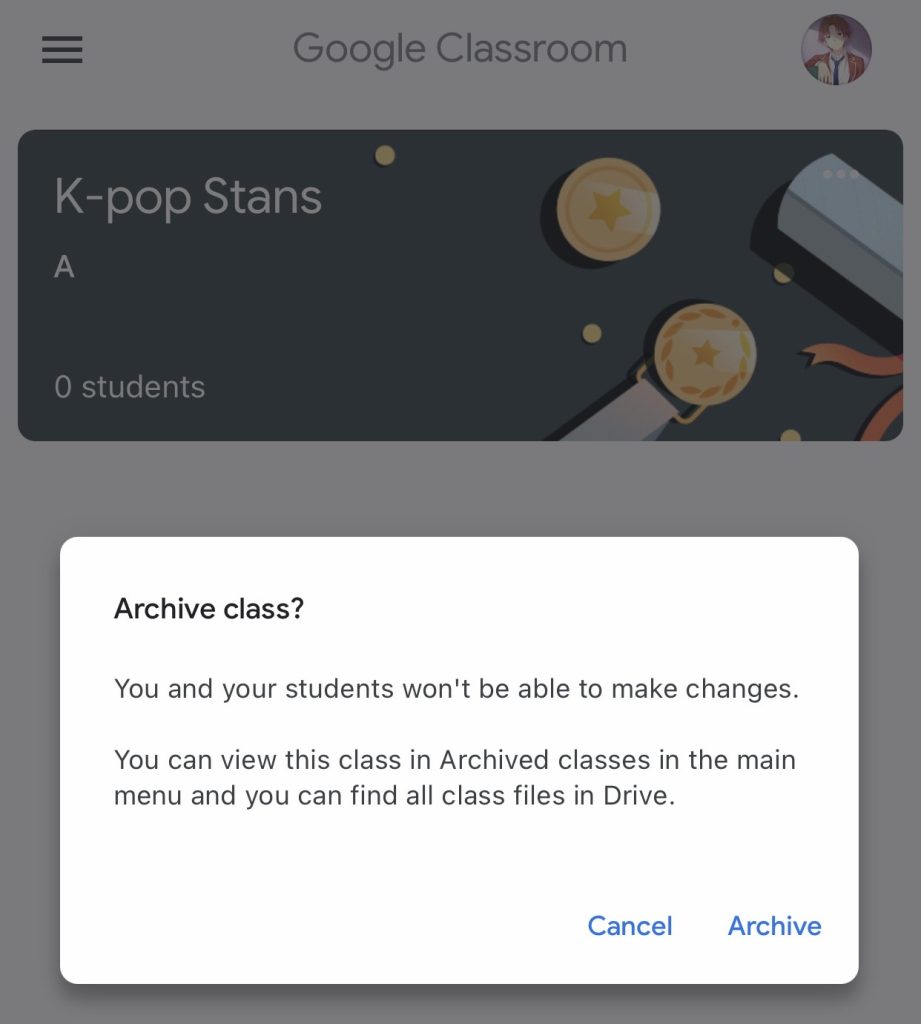 Click Archive on Google Classroom