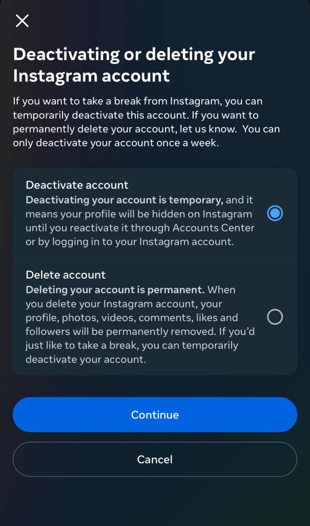 Tap delete account