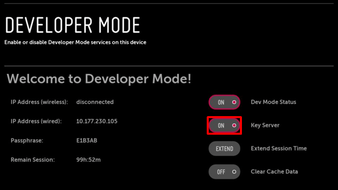 Turn on key server in developer mode on LG TV