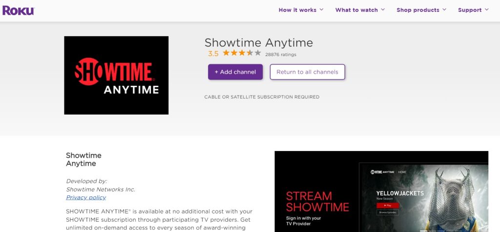Adding Showtime Anytime channel via browser.