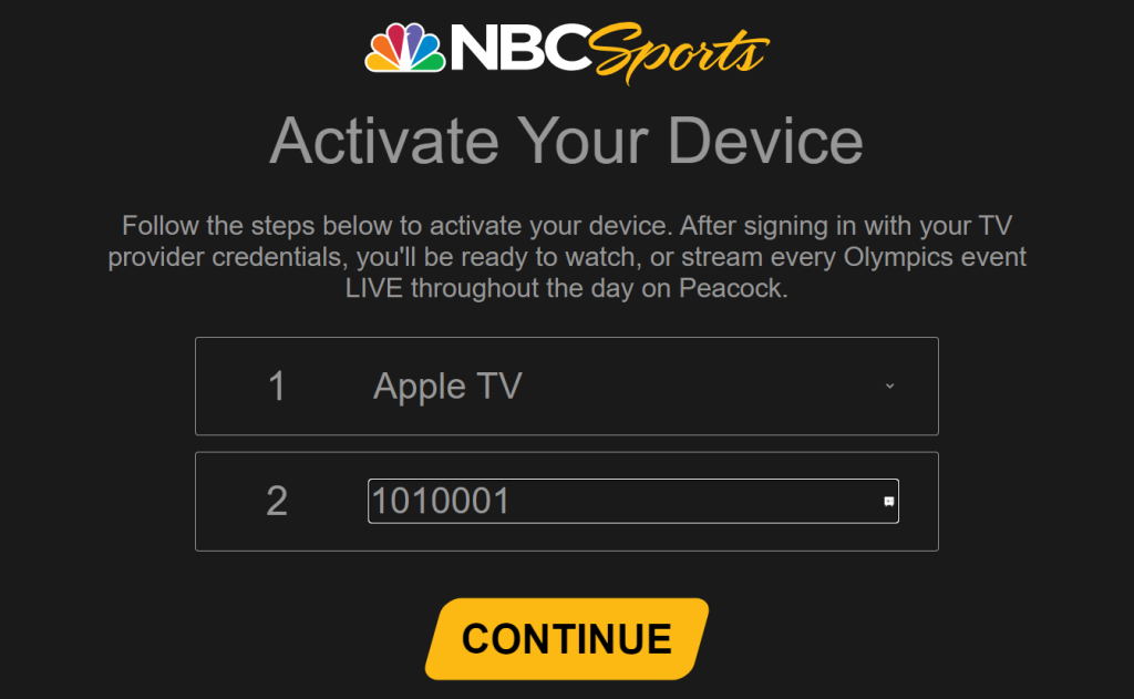 Enter the activation code for NBC Sports and click Continue