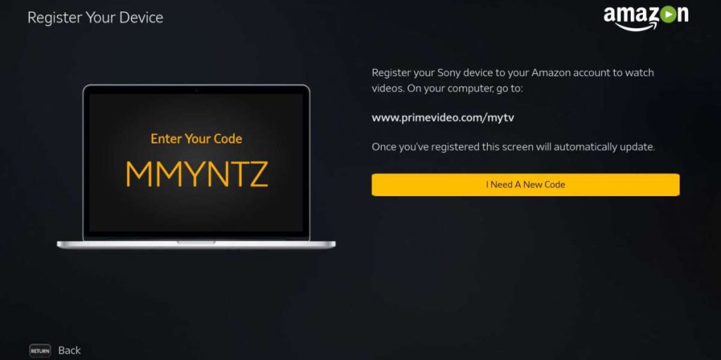 Prime Video's registration code displayed on your Vizio TV