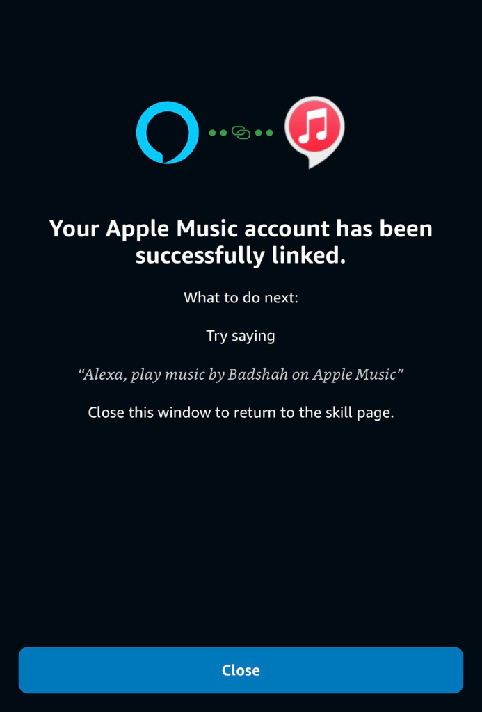 Your Apple Music account has been successfully linked popup