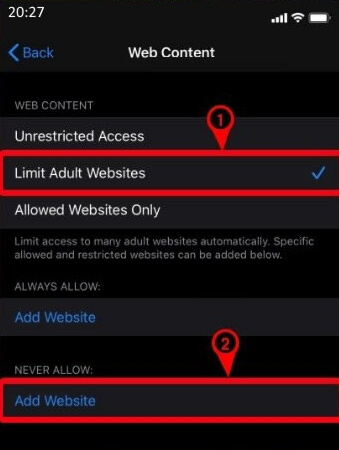 Click Limit Adult Websites and select Add Website  to Block websites on Firefox