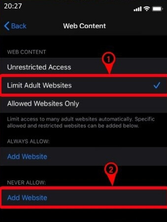 Click Limit Adult Websites and select Add Website to Block websites on Firefox
