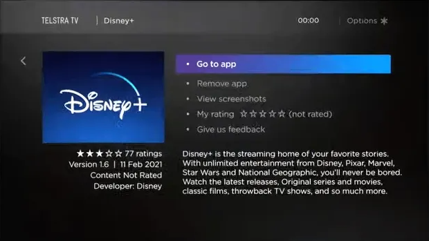 Click Go to App to launch Disney Plus on Telstra TV
