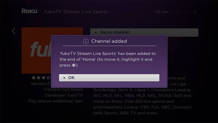 Hit Ok to install fuboTV on Roku