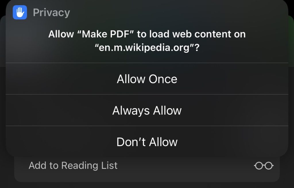 Allow permissions to convert the web page into a PDF on iPad