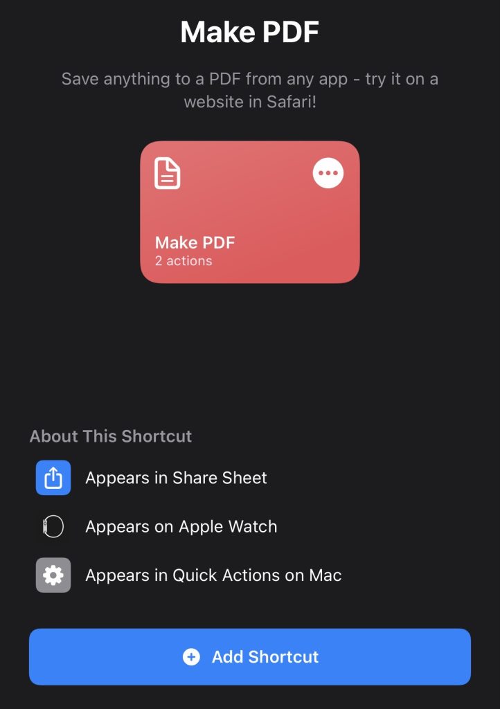 Click Add Shortcut to save the PDF on iPad