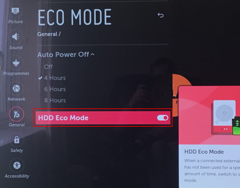 Turn on HDD Eco Mode on LG TV.