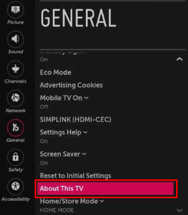 Click on About This TV option.