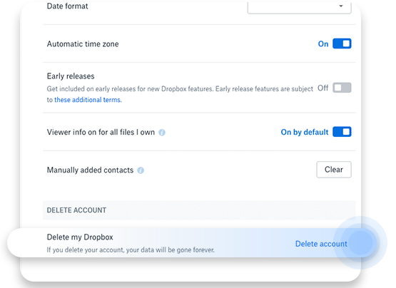 Click Delete account to delete Dropbox 
