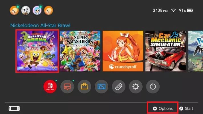 Tap Options on Nintendo Switch