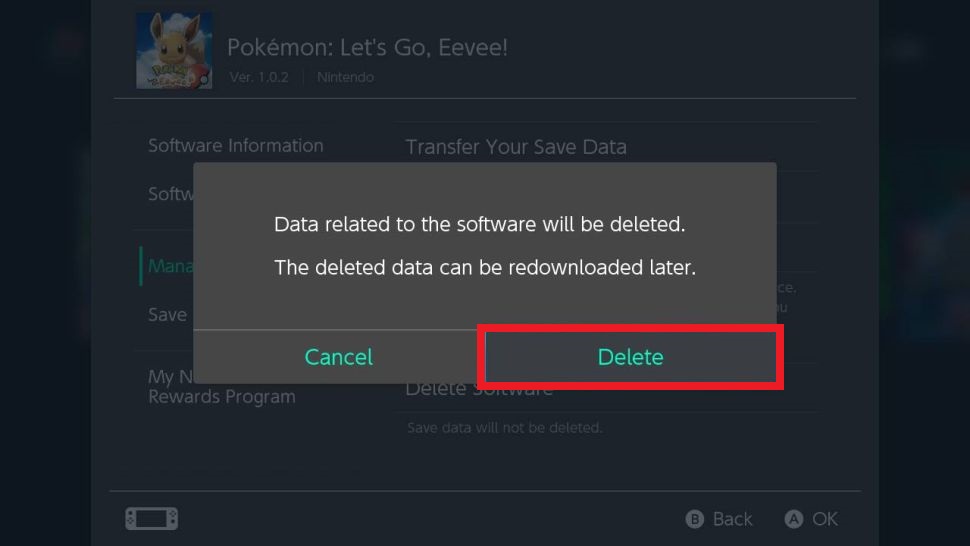 Tap Delete to delete games on Nintendo Switch 