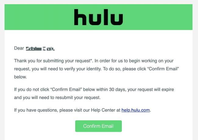 Confirm mail to delete the Hulu account 