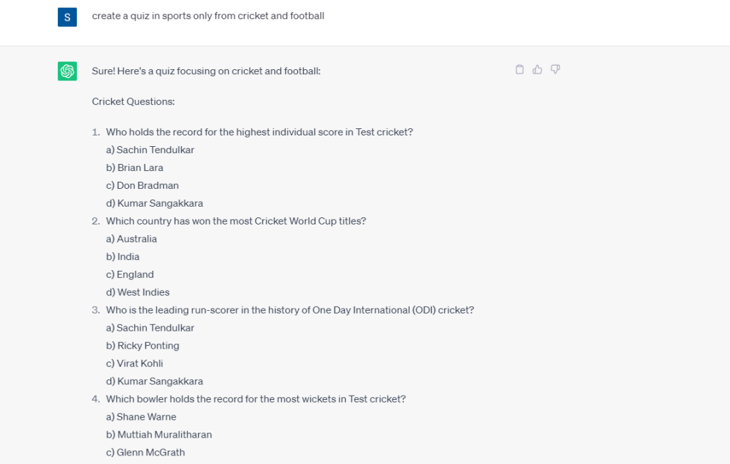 Create a quiz in sports only from Cricket and Football.