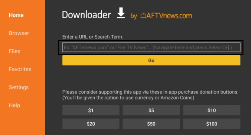 Type the Popcorn Time APK link in the URL field and hit Go